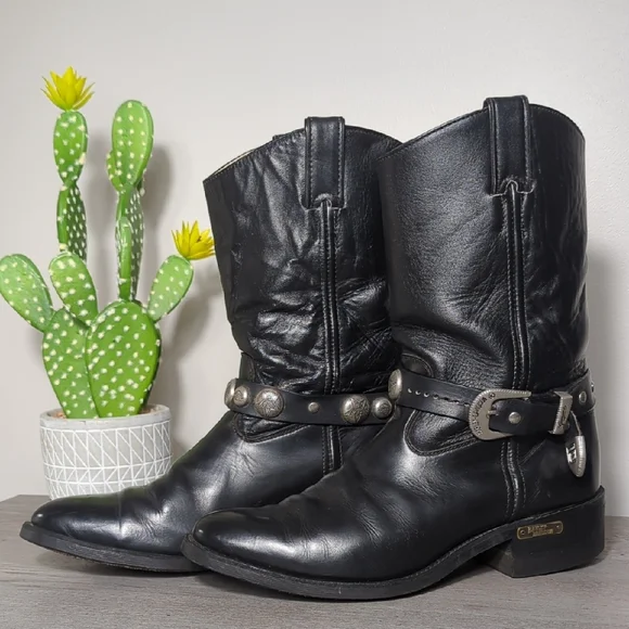 Vtg 90s Black Leather Harley Davidson Motorcycle Harness Boots Men's 11 Goodyear - Picture 3 of 16